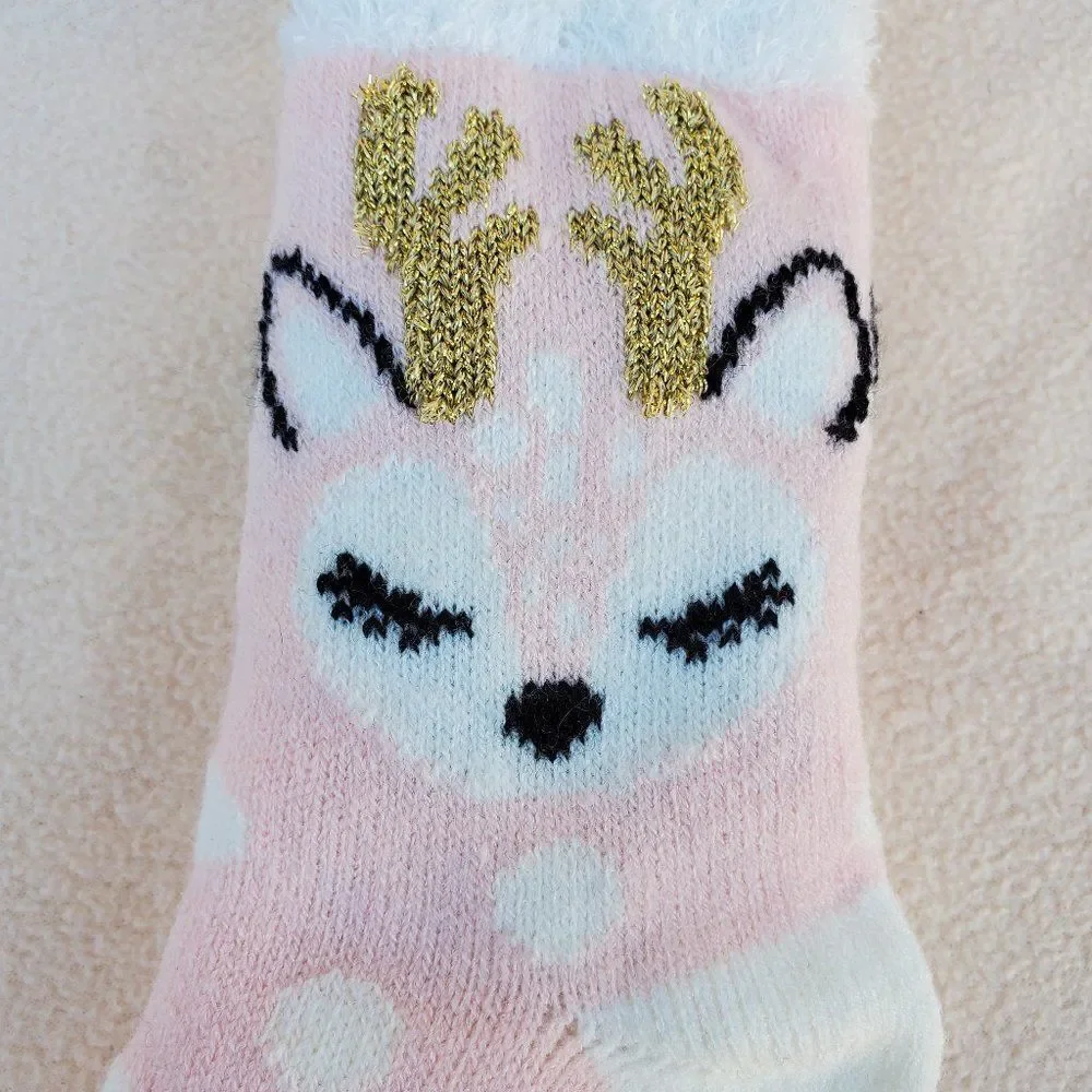 Justice pink and white reindeer slipper socks